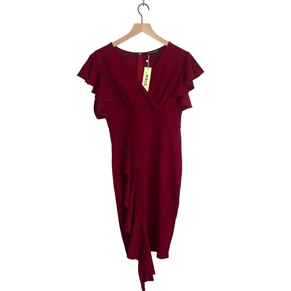 Oten Women’s Deep V Ruffle Sleeve Sheeth Cocktail Party Slit Pencil Wine Dress